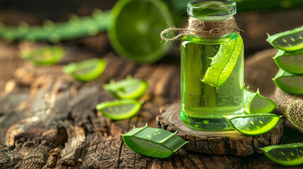 Aloe vera essential oil on a wooden background