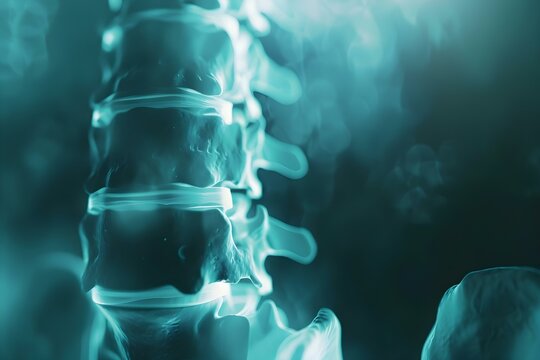 Xray of human spine with back pain in the background. Concept Medical Imaging, Back Pain, Spinal Health, Radiology, Healthcare