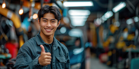 portrait of smiling asian mechanic showing thumbs up in auto repair shop - Powered by Adobe