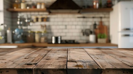 Wooden table top with a modern kitchen background in soft focus