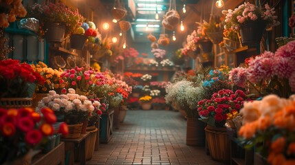 Fototapeta na wymiar Exotic Blooms in a Serene Indoor Market, generative ai