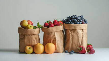 Fresh Berries and Fruits in Eco-Friendly Paper Bags. Generative AI