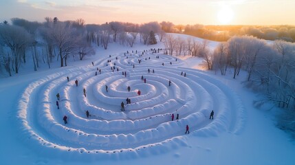 Winter Wonderland Labyrinth: Aerial View of Yule Celebration, generative ai