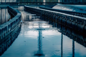 Obraz premium Water treatment plant purifies industrial wastewater before discharge to protect environment. Concept Water Treatment Plants, Industrial Wastewater, Environment Protection, Purification Process