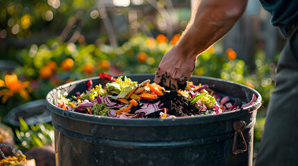 Person composting food waste in backyard compost bin garden.