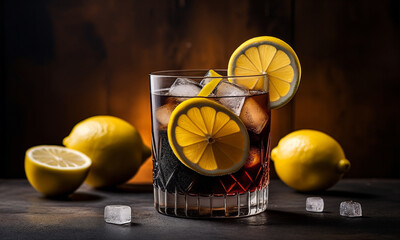 Black cocktail with ice cubes, cola and lemon slices in a glass. Indoors in a photo studio on a table