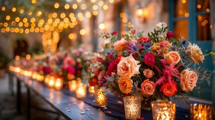 Luminous Floral Extravaganza at Night-time Wedding, generative ai