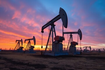 Pumpjack in oil field drilling to extract oil and natural gas out from ground.
