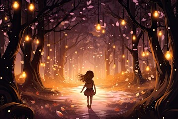 Obraz premium little girl walk in magical forest illustration