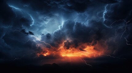 Bright lightning strike in a thunderstorm at night.