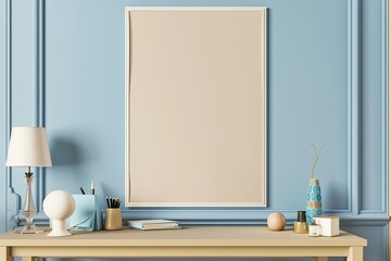 Modern scandinavian home interior with poster frame mockup, on blue wall. Mockup