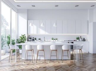 Modern kitchen interior with dining table and bar counter panoramic window in the background