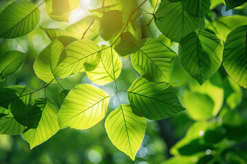 Fototapeta na wymiar A close-up of vibrant green leaves bathed in sunlight.