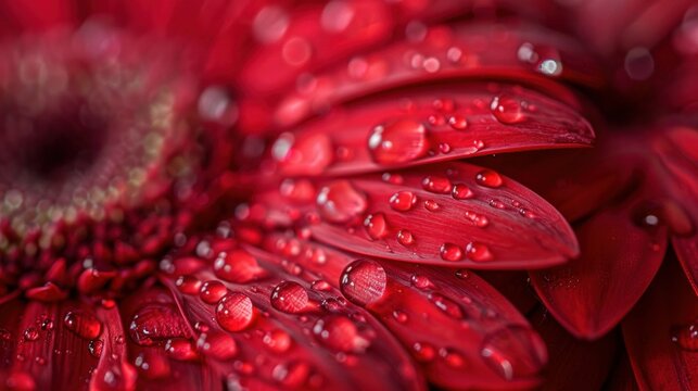 A macro image of a red Gerbera daisy, detailed with sparkling water droplets on its petals