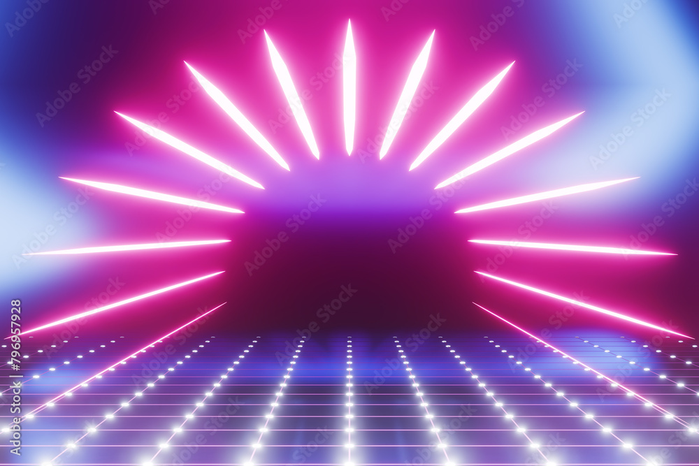 Poster glowing neon lines circle tunnel network. virtual reality concept.3d rendering