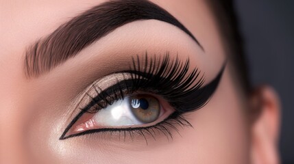 Obraz premium Female eyes with extremely long eyelashes and black liner makeup, Perfect shape make-up and long eyelash extensions, Cosmetics make-up of fashion eyes visage
