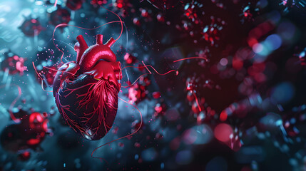 3D projection of a vector sketch expressing the idea of endorsing for therapeutic apparatus on a medical scenario with a human heart in close scrutiny  - obrazy, fototapety, plakaty