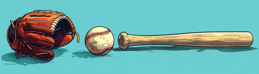 The cartoonstyle 2D illustration showcases a baseball bat, glove, and ball, ideal for sportsthemed graphics  8K , high-resolution, ultra HD,up32K HD