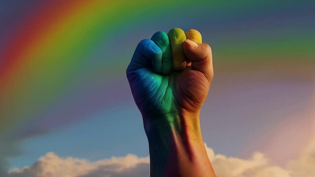 A closed fist painted in rainbow colors, symbolizing diversity and inclusion. The fist is raised against a light blue sky and a rainbow visible in the background. Concept of diversity and LGBTQ+ pride