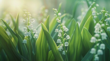 Obraz premium A natural background featuring the delicate blooms of lily of the valley flowers, showcasing their pristine white blossoms