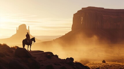 Cowboy on horseback with landscape of American&rsquo;s Wild West with desert sandstones.