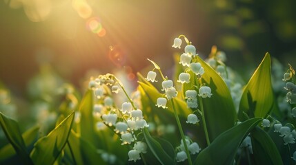 A natural background featuring the delicate blooms of lily of the valley flowers, showcasing their pristine white blossoms