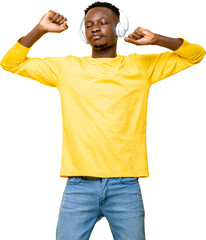 Young African man listening to music on headphones closing eyes and dancing PNG file no background 