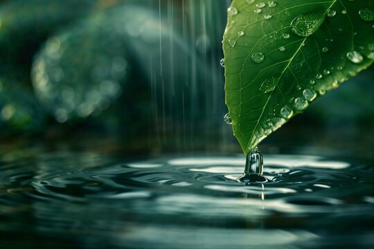 Dew water droplet on a green plant, close-up image of water drops, leaf texture, waterdrop falling