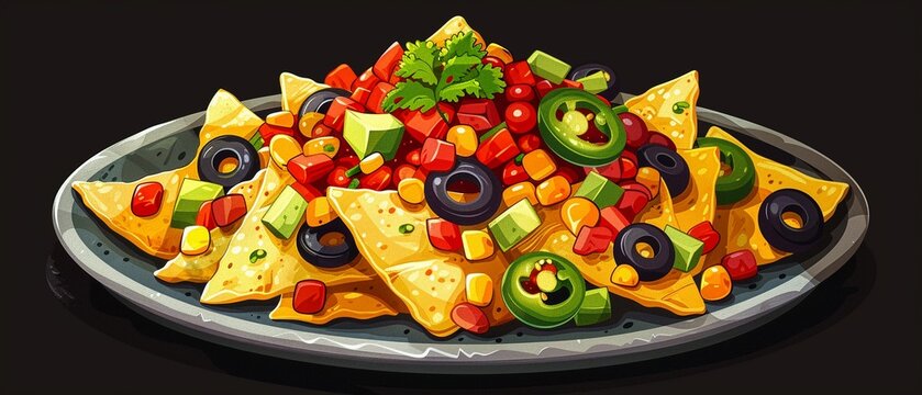 This prompt features 2D icons of a plate of nacho chips topped with salsa sauce, emphasizing the essence of Mexican cuisine with Mexican corn tortilla chips, peppers, olives, beans, and cheese  8K , h
