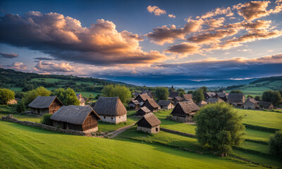 Panoramic top view of an old small abandoned ruined village on the hills with thatched roof huts at sunset with clouds in the sky - Powered by Adobe