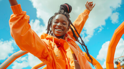 Portrait of a dark-skinned teenager in a bright orange jumpsuit listening to music, posing at an...