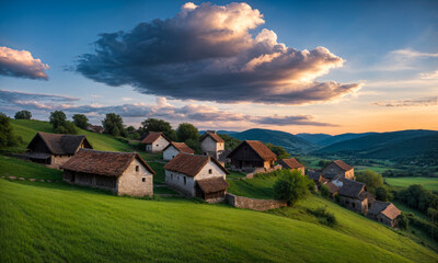 Fototapeta premium Panoramic top view of an old small abandoned ruined village on the hills with thatched roof huts at sunset with clouds in the sky