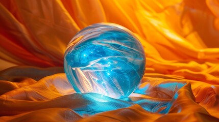 A closeup of a crystal ball glowing in radiant blue, set against a vivid orange silk backdrop, symbolizing insight and intuition - obrazy, fototapety, plakaty