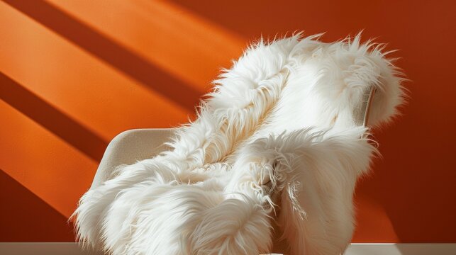 A luxurious white fur stole draped over a chair, with a sharp contrast against a bright orange background