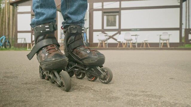 Roller skates during inline skating outdoors. Active lifestyle. Rollerblading
