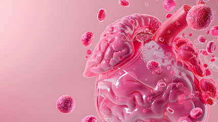 3D rendering of a human spleen and basophils with allergen illustration. vector concept for medical design on a pink background.  - obrazy, fototapety, plakaty