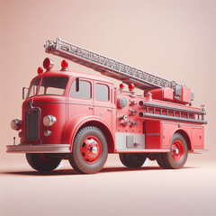 A 3D illustration showcases a vintage red fire truck against a vibrant pink background, evoking nostalgia and charm in a whimsical scene.