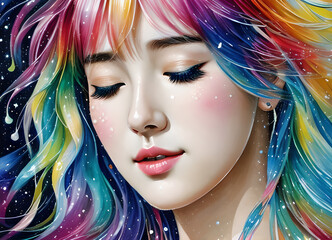 Naklejka premium Girl with closed eyes, fantasy fairy tale bright colors dream, generative ai