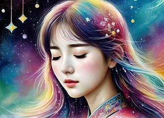 Girl with closed eyes, fantasy fairy tale bright colors dream, generative ai