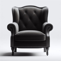 A luxurious black leather armchair with a tufted backrest and ornate wooden legs elegantly displayed against a pristine white background.