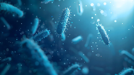 3D rendering of bacteria in blue color flying around each other. The background is blurred with a light cyan gradient. giving the whole scene an elegant appearance. 