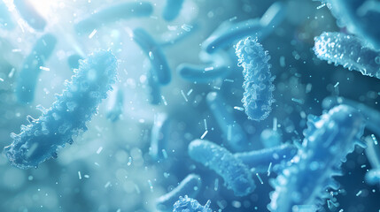 3D rendering of bacteria in blue color flying around each other. The background is blurred with a light cyan gradient. giving the whole scene an elegant appearance. 