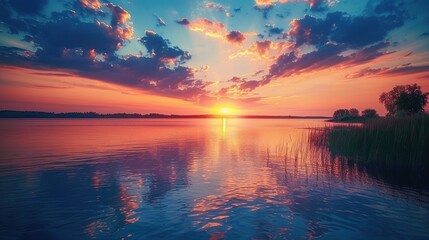 Panoramic view beautiful sunset over the lake dramatic sky nature composition full color.