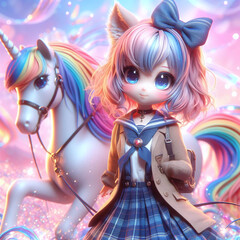 Fantasy illustration featuring a cute anime-style girl with cat ears and a unicorn with rainbow mane against a dreamy, colorful background.