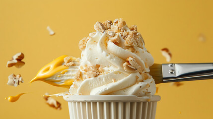 Ice cream with nuts and yellow paint