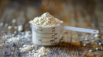 Whey protein powder in a plastic measuring spoon