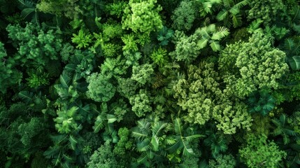 An aerial view showcasing a vibrant green forest, emphasizing the lush, untouched beauty of nature.

