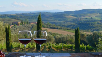 Two glasses of red wine on a table outdoors, with Tuscan landscape in the background