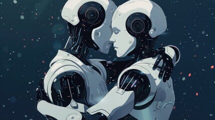 Two robot cyborgs hugging each other. Robots having feelings and romantic relationship. The concept of helping, supporting, understanding and comforting. Illustration for cover, card, interior design