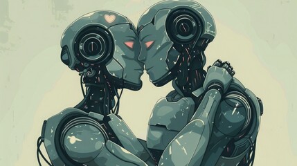 Two robot cyborgs hugging each other. Robots having feelings and romantic relationship. The concept of helping, supporting, understanding and comforting. Illustration for cover, card, interior design